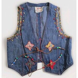 70's Vintage Patchwork Beaded Embroidered Boho Western Leath Front Tie Vest XS